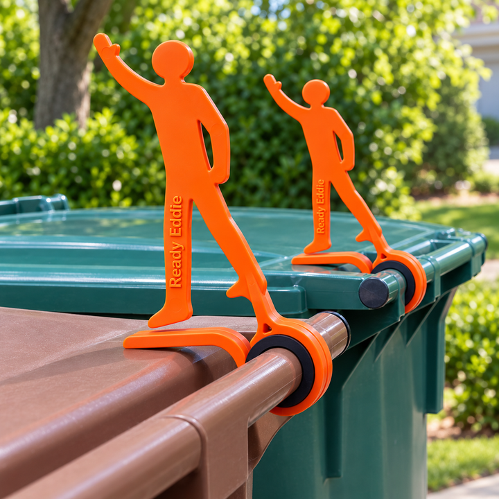 Ready Eddie bin clips in action on waste and recycling bins