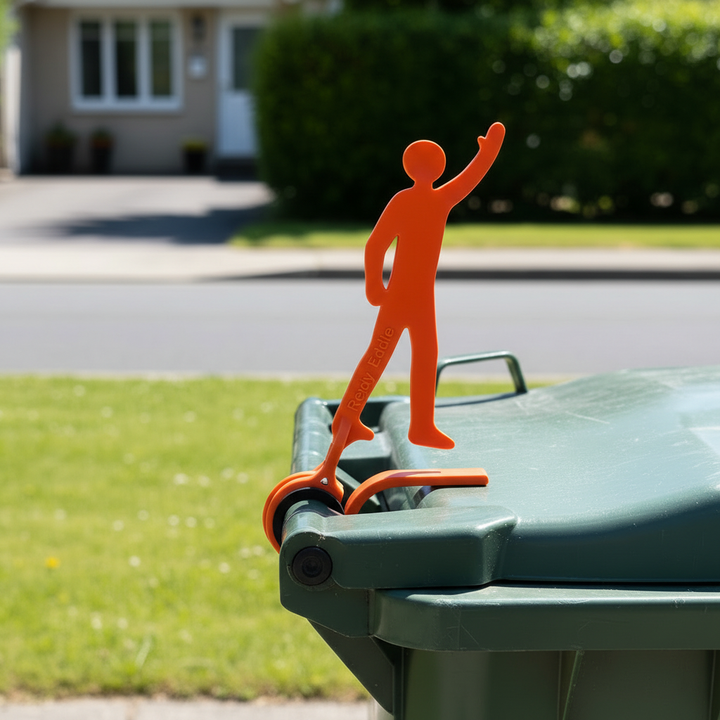 Ready Eddie clipped onto a bin handle at the end of a driveway at the curb, arm raised signaling the bin is full.